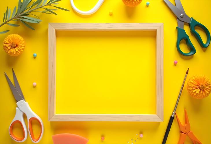 Top View of Colorful Craft Supplies for DIY on a Yellow Background